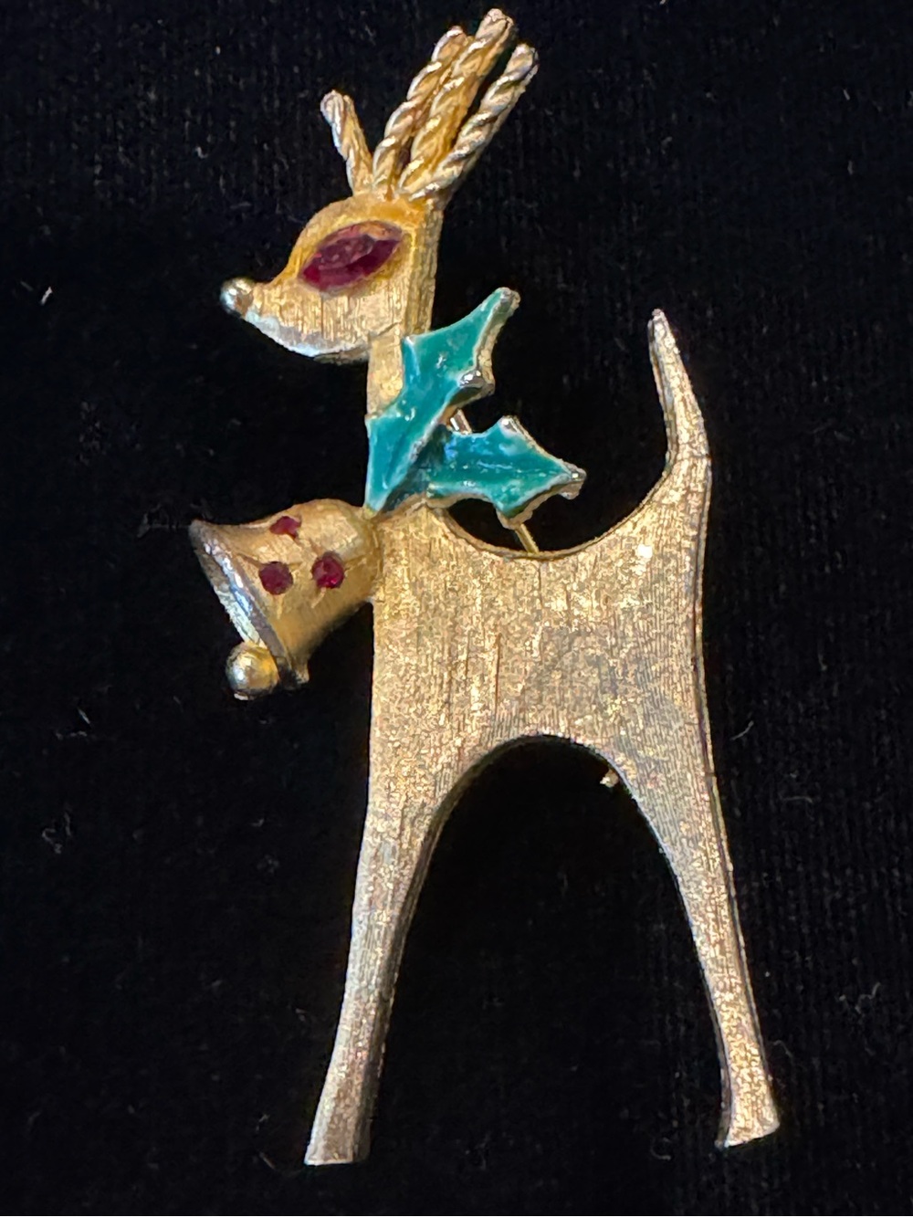 Vintage MYLU Gold-tone Reindeer Brooch w/ Green Holly and Red Rhinestone Accents